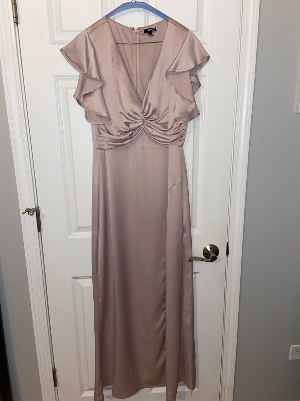 TFNC Mauve Satin Maxi Dress with Ruffle Sleeves